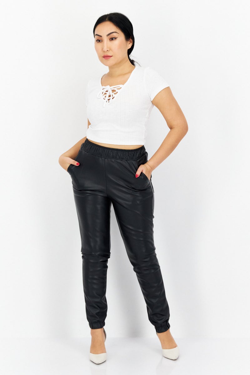 Weworewhat Women Regular Fit Plain Leather Jogger Pant, Black - Image 4